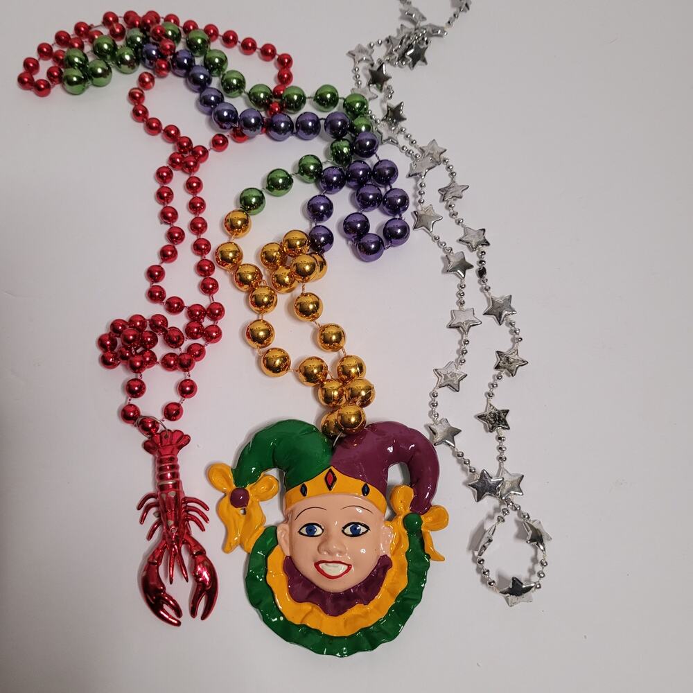 Mardi Gras Beads with Jester & Crawfish Pendants